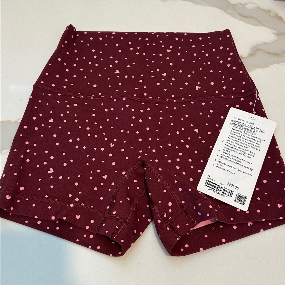 Lululemon Align No Line™ High-Rise Short 4” Heart Scatter Dot Burgundy Bay sz 4